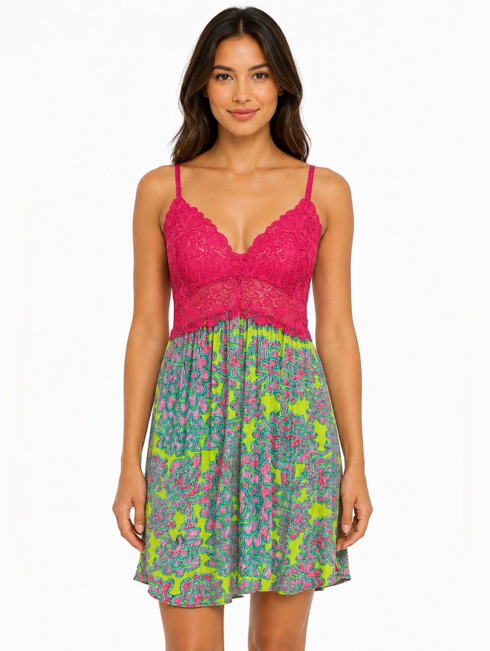 Josie Natori Lace Chemise Nightgown Pink Tropical Print Size M